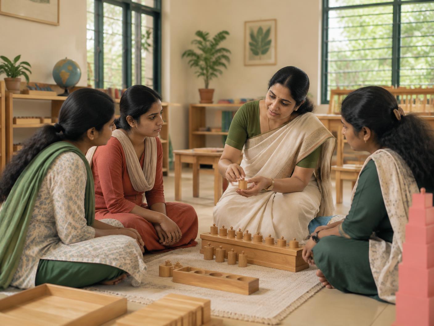 Teacher trainees learning with Montessori materials